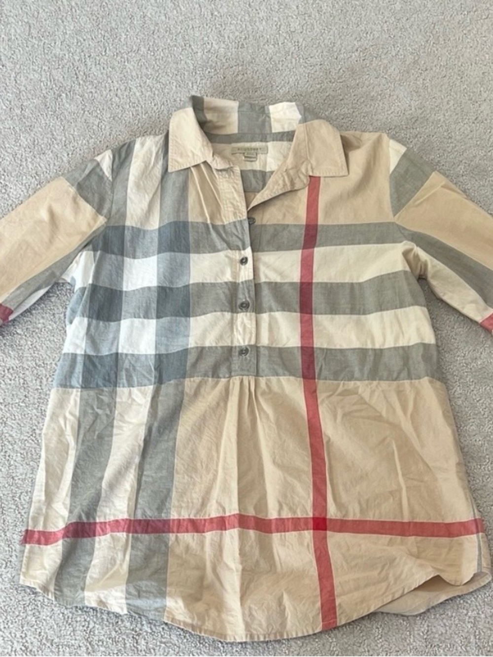 Burberry Beige Plaid Button-Front Tunic with Red and Gray Stripes.